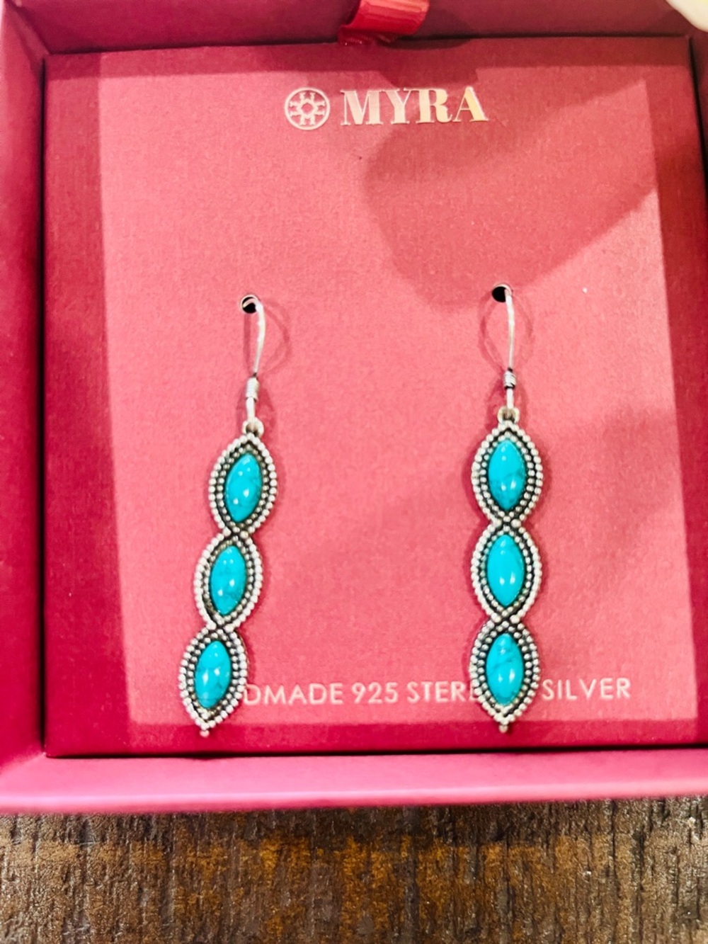 Myra Bag Turquoise Handmade Sterling Silver Triple Marquise Silver Drop Earrings